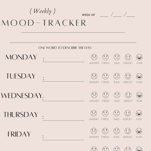 May include: A weekly mood tracker with a soft pink background. The design includes spaces to write a word to describe each day, along with a series of emoji faces representing different moods, such as angry, tired, sad, great, and fun.