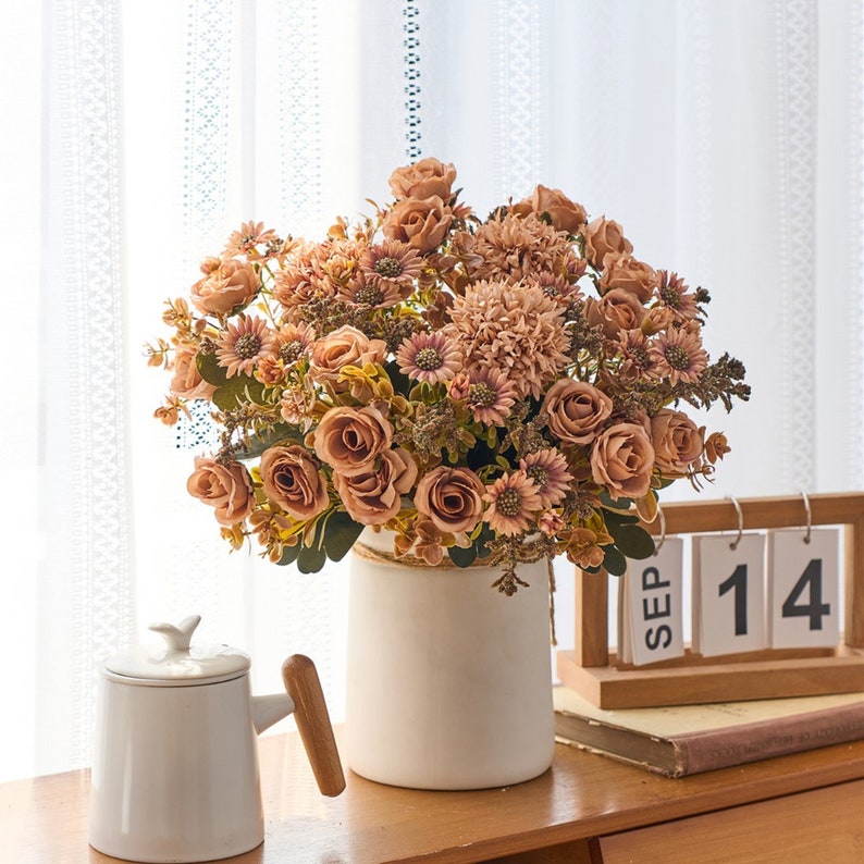 Autumn Daisy Roses Six Color Artificial Flower Green Leaves Bride