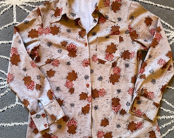 70s Vintage Button Down Damen M Herbst Warme Töne Floral Grau Braun Rot