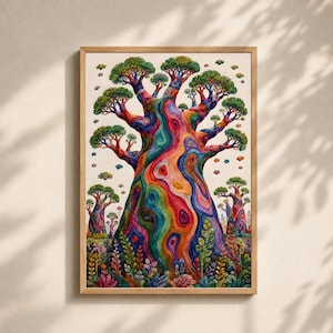 Peut inclure: Une impression d'art murale encadrée représentant un grand baobab central dont le tronc affiche des couleurs arc-en-ciel tourbillonnantes et vibrantes. L'arbre possède un feuillage vert au sommet et est entouré d'arbres plus petits et de fleurs colorées.