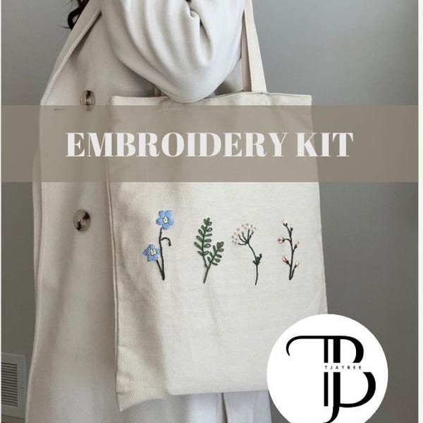 Floral Embroidery Kit: DIY Canvas Tote Bag, Needlepoint Art (PDF)