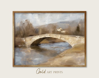 Vintage Stone Bridge Wall Art Rustic River Landscape Moody Neutral Country Print (Digital Download Printable)