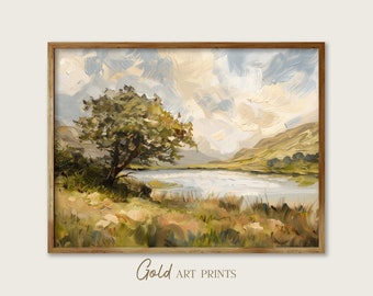 Vintage Lake Wall Art Moody Landscape Print Countryside Oil Painting Green Gold (Digital Download Printable)