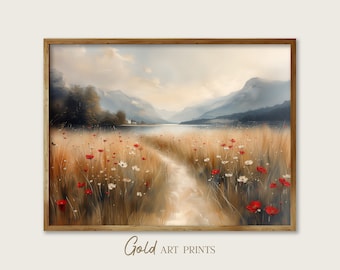 Vintage Wildflower Meadow Print Red Poppy Field Lake Mountain Wall Art (Digital Download Printable)