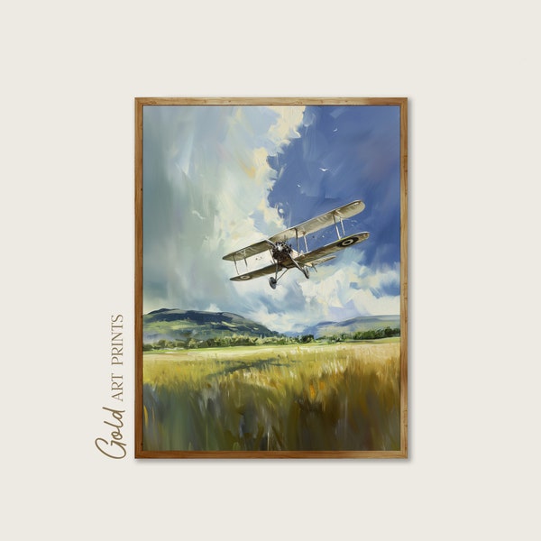 Printable Wall Art Classic Double Decker Plane Painting, Scottish Countryside Print, Perfect Gift for Aviation Enthusiasts | GAP24009