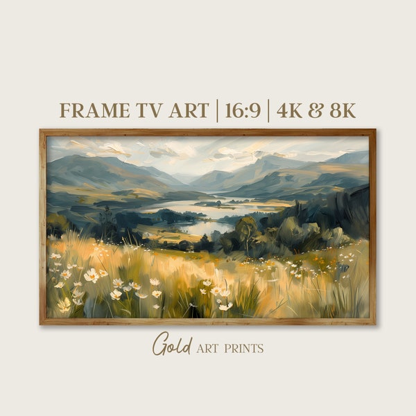 Samsung Frame TV Art Vintage Landscape Painting Serene Meadow Lake Scenery Digital Art Wildflower Field Downloadable Art 4K 8K | GAP24059