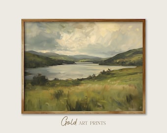 Vintage Lake Wall Art Moody Green Highland Landscape Oil Painting Print Calm Water (Digital Download Printable)