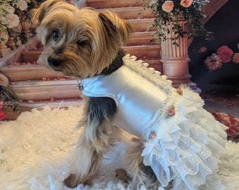 White Satin Lace Dog Wedding Dress with Blush Pink Roses- Flower Girl Pet  Outfit
