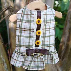 Rustic Plaid Fall Dog Dress with D-Ring | Thanksgiving Dog Outfit | Handmade Autumn Pet Clothes