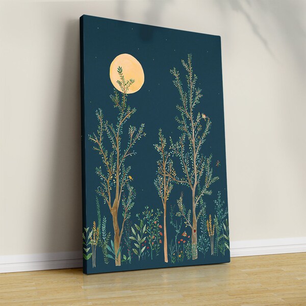 Moon and Trees -Vintage Block Print -Mystical Celestial- Pastel Flowers Vintage Floral-Ethereal Moonlight