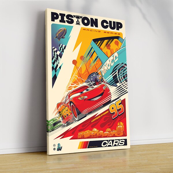 Affiche de film rétro Piston Cup - Dinoco Car - Art minimaliste - Rétro moderne - Poster vintage - Art Mid-Century - Art mural - Cadeaux pour lui