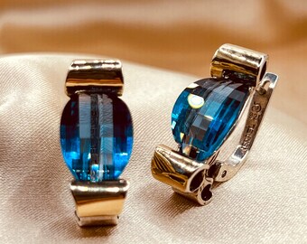 Blauer Quarz, Sterling Silber und Gelbgold Akzent Ohrringe