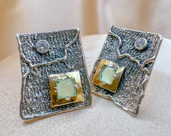 925 Sterling Silber, Gelbgold Akzent und Grüner Quarz Statement Ohrringe