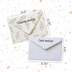 May include: Two envelopes: a 16.5cm x 12cm shipping envelope with a green leaf pattern and the text "Shipping envelope", and a 14.6cm x 11.7cm white card envelope with the text "Card envelope".