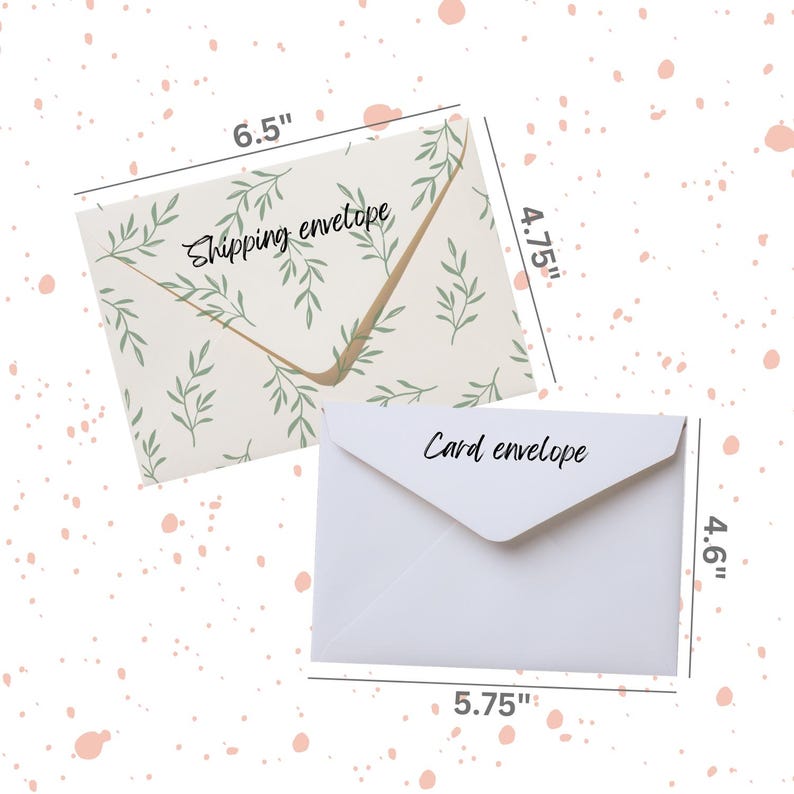 May include: Two envelopes: a 16.5cm x 12cm shipping envelope with a green leaf pattern and the text "Shipping envelope", and a 14.6cm x 11.7cm white card envelope with the text "Card envelope".