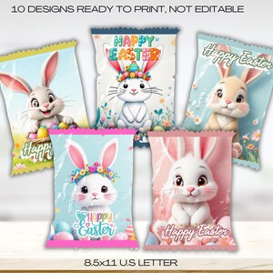 May include: Ten printable designs for Easter candy wrappers featuring cute bunny illustrations. Each wrapper has a different design with a pink, blue, or white background and the text "Happy Easter".