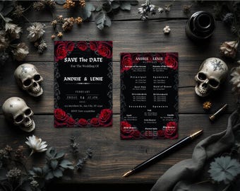 Plantilla floral gótica para guardar la fecha, invitación de boda en negro y rojo (editable en Canva)