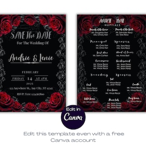 Bearbeitbare schwarze und rote Hochzeitseinladungs-Vorlage DIY dunkle Hochzeit laden ein Gothic Floral Anpassbare Hochzeitseinladung Canva-Vorlage