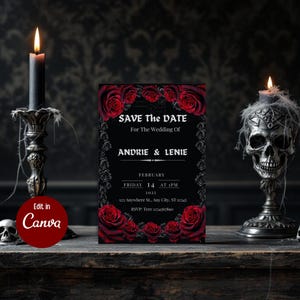 Plantilla floral gótica para guardar la fecha, invitación de boda con rosas rojas (editable en Canva)