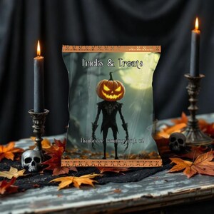 May include: A Halloween-themed bag with the words "Tricks & Treats" and a spooky pumpkin-headed figure. The bag is set against a dark backdrop with lit candles, skulls, and autumn leaves, creating a festive atmosphere.