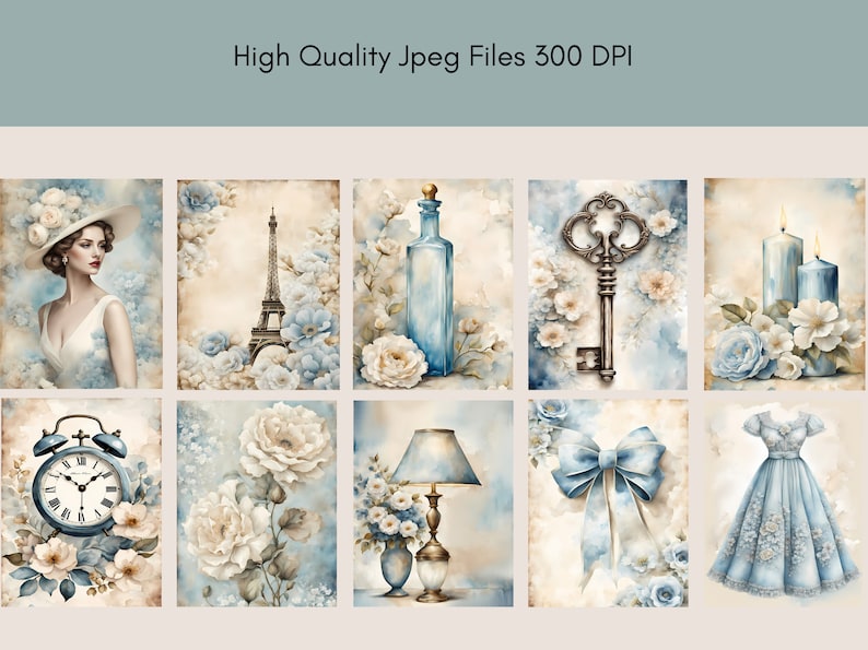 Nostalgic Junk Journal Papers, Powder Blue and Ivory, Vintage Style ...