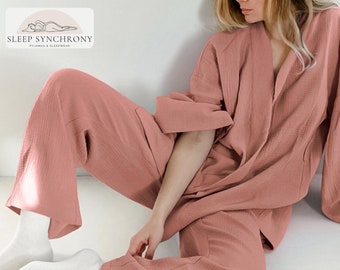 Muslin Cotton Kimono Set | Top and Bottoms Loungewear Set | Sleepwear for Women