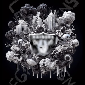 Puede incluir: Una ilustración en blanco y negro de un casco de fútbol americano con un escudo y un horizonte de ciudad en el fondo. La imagen está rodeada de nubes abstractas y las palabras "LEGENDS" y "RAIDERS" están escritas en los lados.