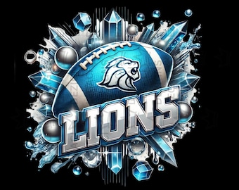 May include: A blue and white football with a lion graphic and the word "LIONS" in large, bold letters. The football is surrounded by blue and white crystals and water droplets.
