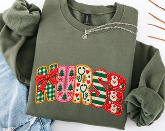Christmas Nurse Shirt, Faux Embroidered Nurse Sweatshirt, Christmas Patchwork T-Shirt, Comfort Colors Holiday Nurse Tee, Nursing Gift