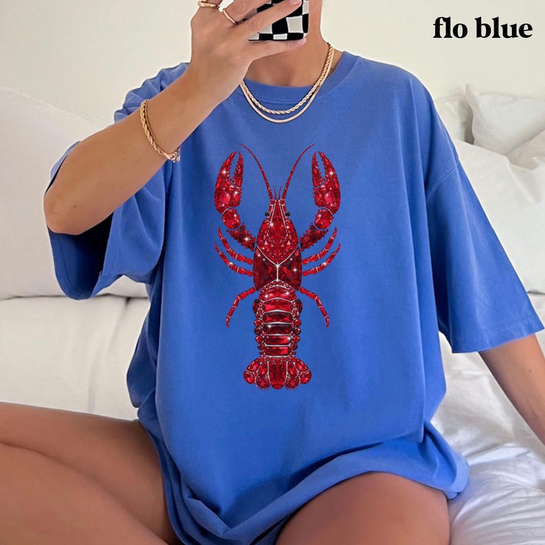 coastal aesthetic shirt with lobster graphic and relaxed fit look