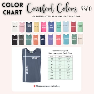 comfort colors tank top color chart showing available colors and garment dyed shades with size measurements