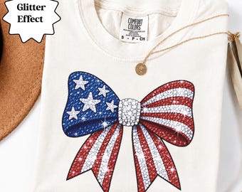 Comfort Colors® Patriotic Bow Shirt, Glitter Effect USA Bow Tee, 4th of July Shirt, Faux Rhinestone Patriotic Shirt, Americana Bow Tee