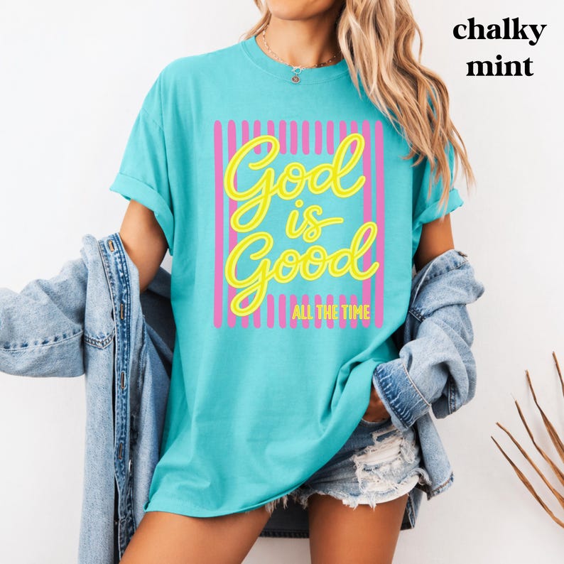 God Is Good All The Time religious shirt for women.
Cute Bible inspired tee for faith based apparel lovers.