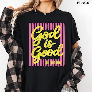 Faith based graphic tee with bright yellow lettering.