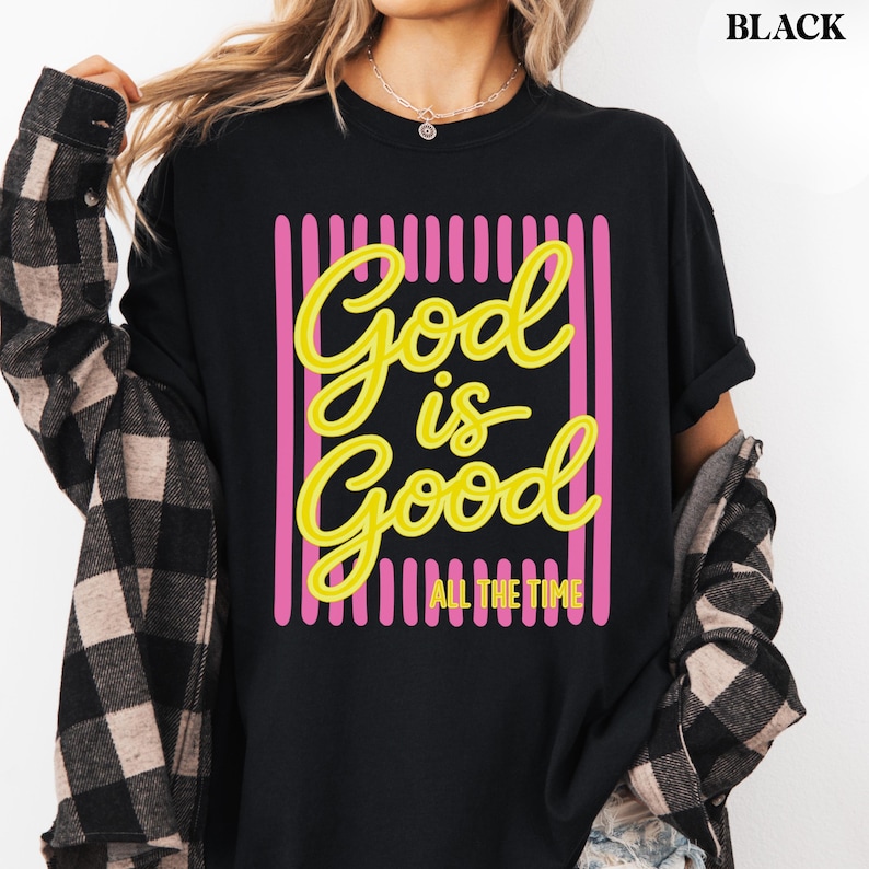 Faith based graphic tee with bright yellow lettering.