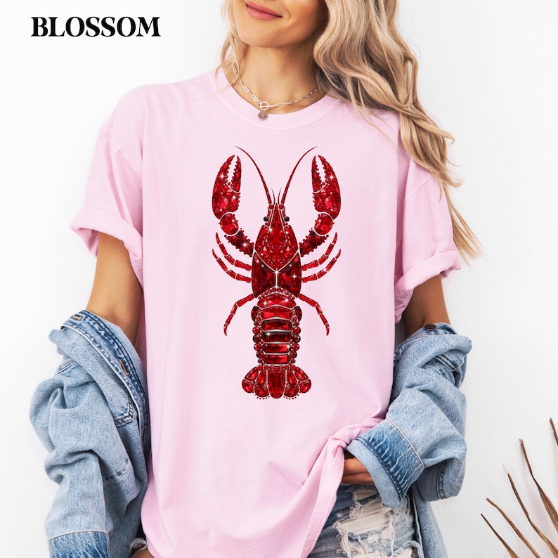 ocean vibes shirt with red lobster design on comfort colors tee