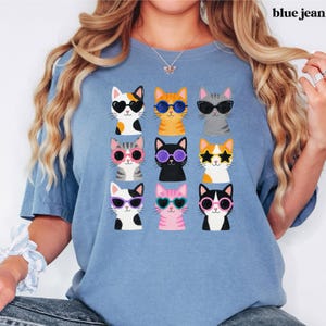 Colorful kitty graphic tee for cat lovers and pet owners.