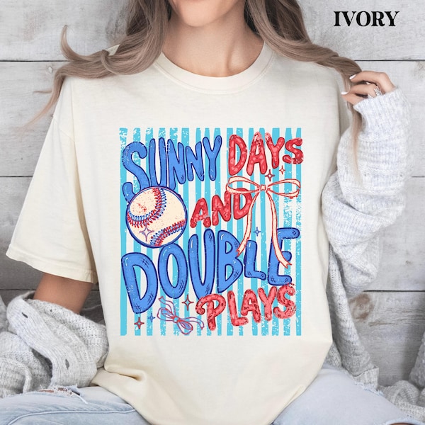 Comfort Colors® Sunny Days And Double Plays Shirt, Baseball Mom Shirt, Retro Game Day Tee, Girly Baseball Tank Top, Boxy Tee
