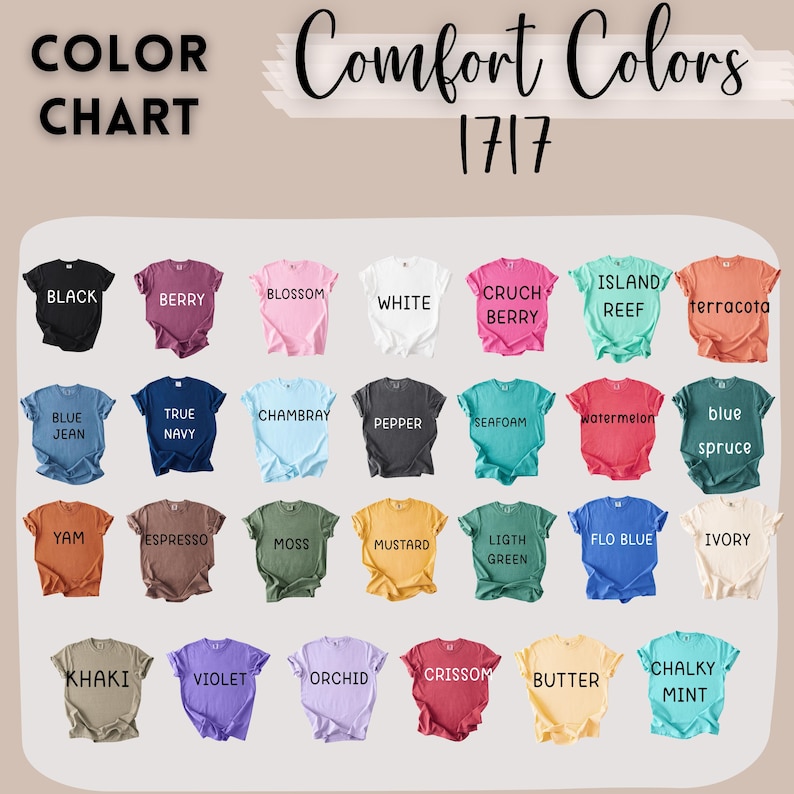 comfort colors t shirt color chart showing multiple garment dyed color options including blue jean ivory and flo blue