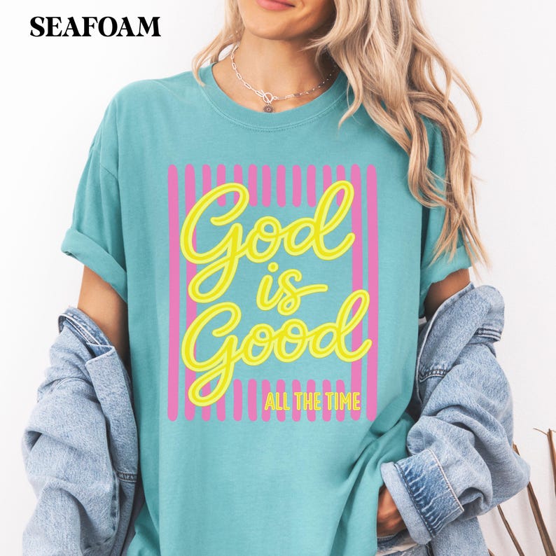 Cute Christian shirt for women with yellow script design.