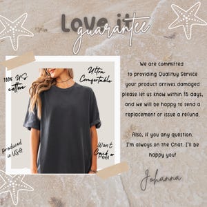 comfort colors shirt mockup with quality guarantee information highlighting comfort soft fabric and usa production