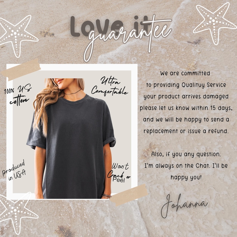comfort colors shirt mockup with quality guarantee information highlighting comfort soft fabric and usa production