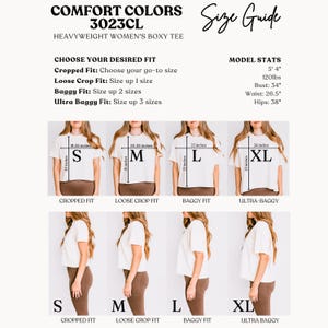 mfort colors boxy tee size guide showing cropped loose and baggy fit options with model comparison