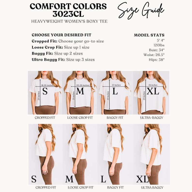 mfort colors boxy tee size guide showing cropped loose and baggy fit options with model comparison