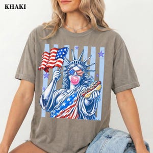 Comfort Colors USA shirt with playful hot dog and bubble gum patriotic print.