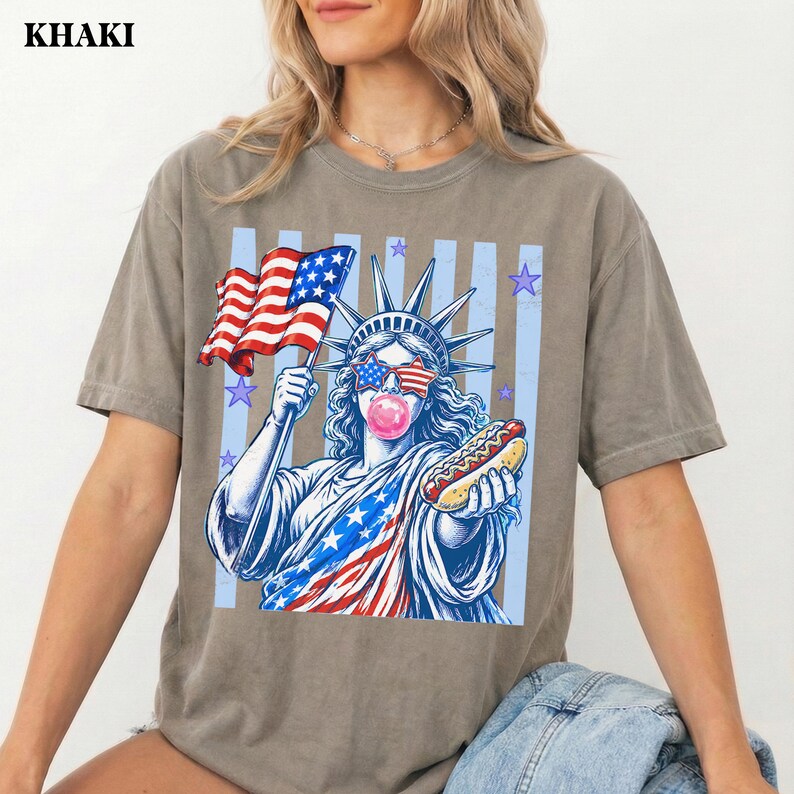 Comfort Colors USA shirt with playful hot dog and bubble gum patriotic print.
