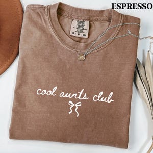 May include: A brown t-shirt with the text "cool aunts club" and a small bow graphic printed in white on the front. The shirt features a crew neckline and a Comfort Colors brand label inside the collar. The word "ESPRESSO" is printed in the top right corner.