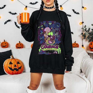 Sudadera de dibujos animados vintage: temática de coraje, estilo unisex de Halloween, coraje, el perro cobarde