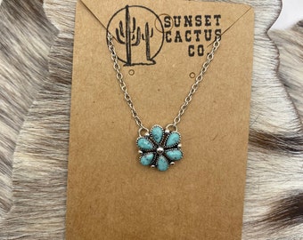 Western Faux Turquoise Flower Necklace, Western Necklace