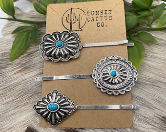 Western Concho Hair Pins, Faux Turquoise